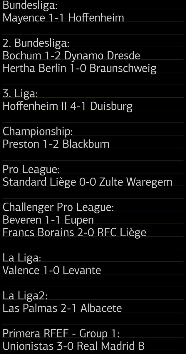 TrisInfoFoot's tweet photo. Les résultats foot d'hier, Vendredi 21 novembre: #NationalFFF #Ligue2 #SLESTAC #PFCLMFC #USBCOGF38 #ligue1mcdonalds #OGCNOM #PremiereLigueFemmes #OMRCL #LALIGAEASPORTS #Bundesliga #2Bundesliga #3Liga #Championship #ProLeague #ChallengerProLeague #LALIGAHYPERMOTION #PrimeraRFEF https://t.co/h08KKJrj6X
