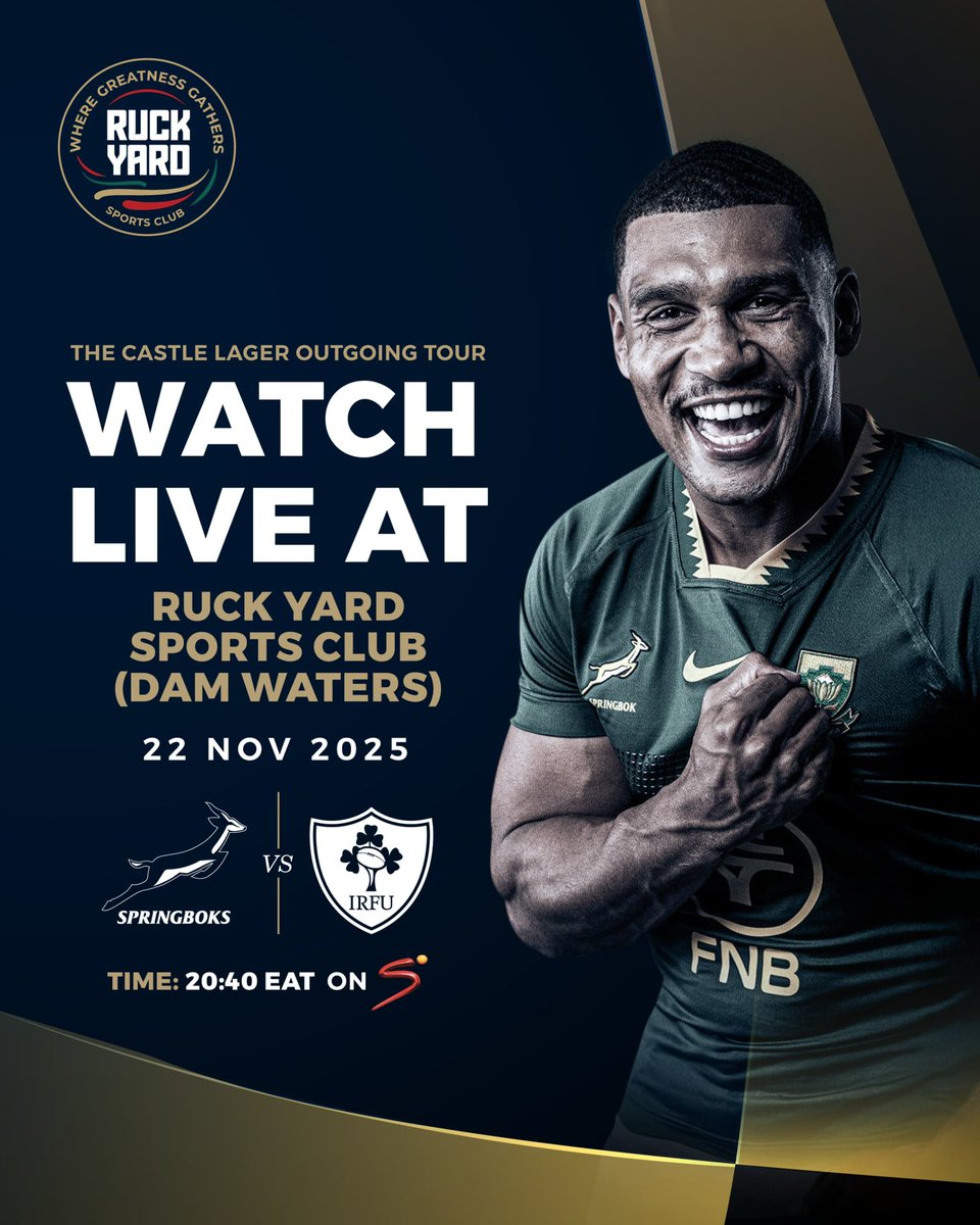 Game night just got louder.🔥

Catch the Springboks take on Ireland LIVE at Ruck Yard Sports Club this Saturday.

Bring your crew, grab your seat early.🏉

#RuckYardSportsClub | #RuckYardMoments