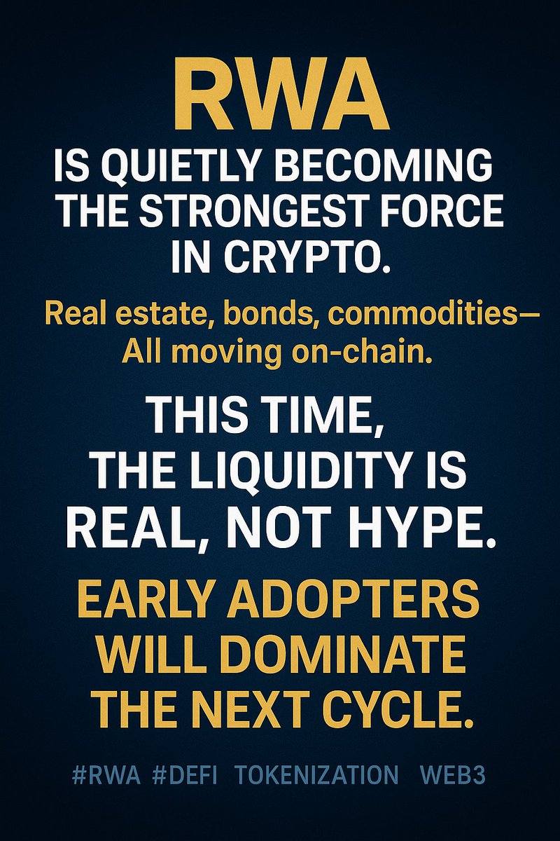 Web3use's tweet image. RWA Power

RWA is quietly becoming the strongest force in crypto.
Real estate, bonds, commodities — all moving on-chain.
This time, the liquidity is real, not hype.

Early adopters will dominate the next cycle.

#RWA #DeFi #Tokenization #Web3