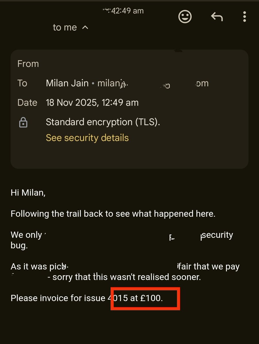 scriptkiddie___'s tweet image. Jai Shri Ram 🙏
multiple bounties 
For 4 issues 
1. information discloser(£100) 
2.open redirect (50€)
3. html injection (22$)
4.missing rate limit (11$)
#CyberSecurity #BugBounty #prerna #EthicalHacking  #Hacker #BugHunter #infosecurity #Reward #Exploit #bounty