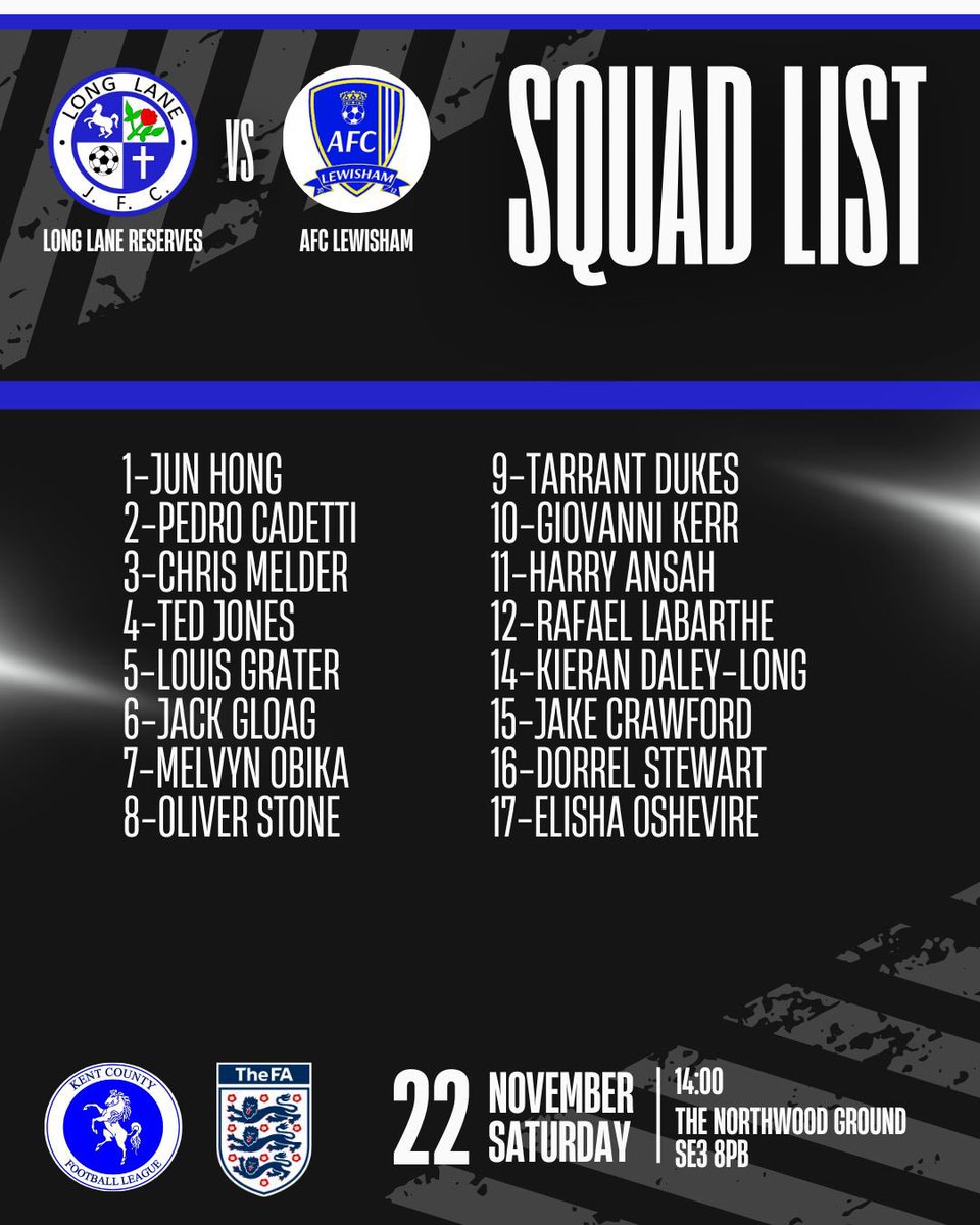 Squad announcement 🚨

Ready for today’s league game 

UpTheLane 💙🖤

<a href="/KCFL1516/">Kent County FL News</a> <a href="/longlanejfc/">Longlanejfc</a> <a href="/LL1sts/">Long Lane ⚽️</a> <a href="/CoachBenClarke/">Ben Clarke</a>