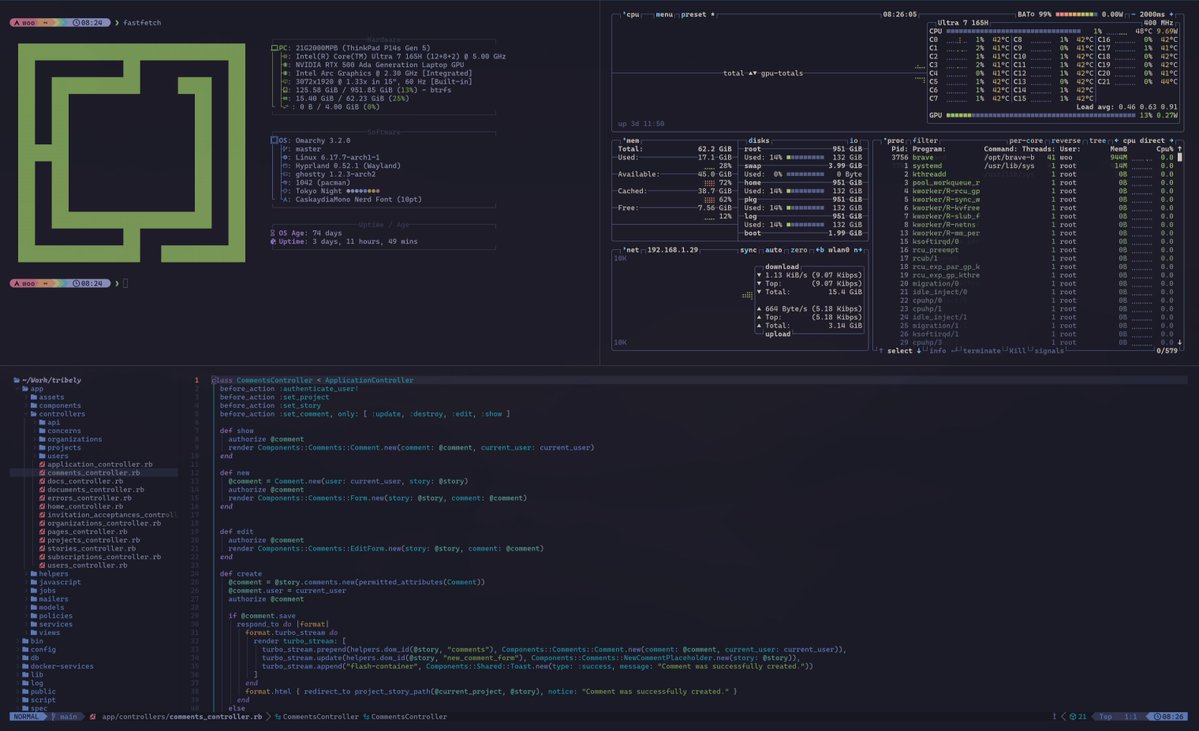 woochaq's tweet image. Switching up terminal themes, especially the new ones in #Omarchy, always looks amazing. 

But the moment I open code in #Neovim with a fresh color palette, I hit a wall. 

The visual shock is real, and it takes me a solid minute to adjust my focus to the new syntax highlighting…