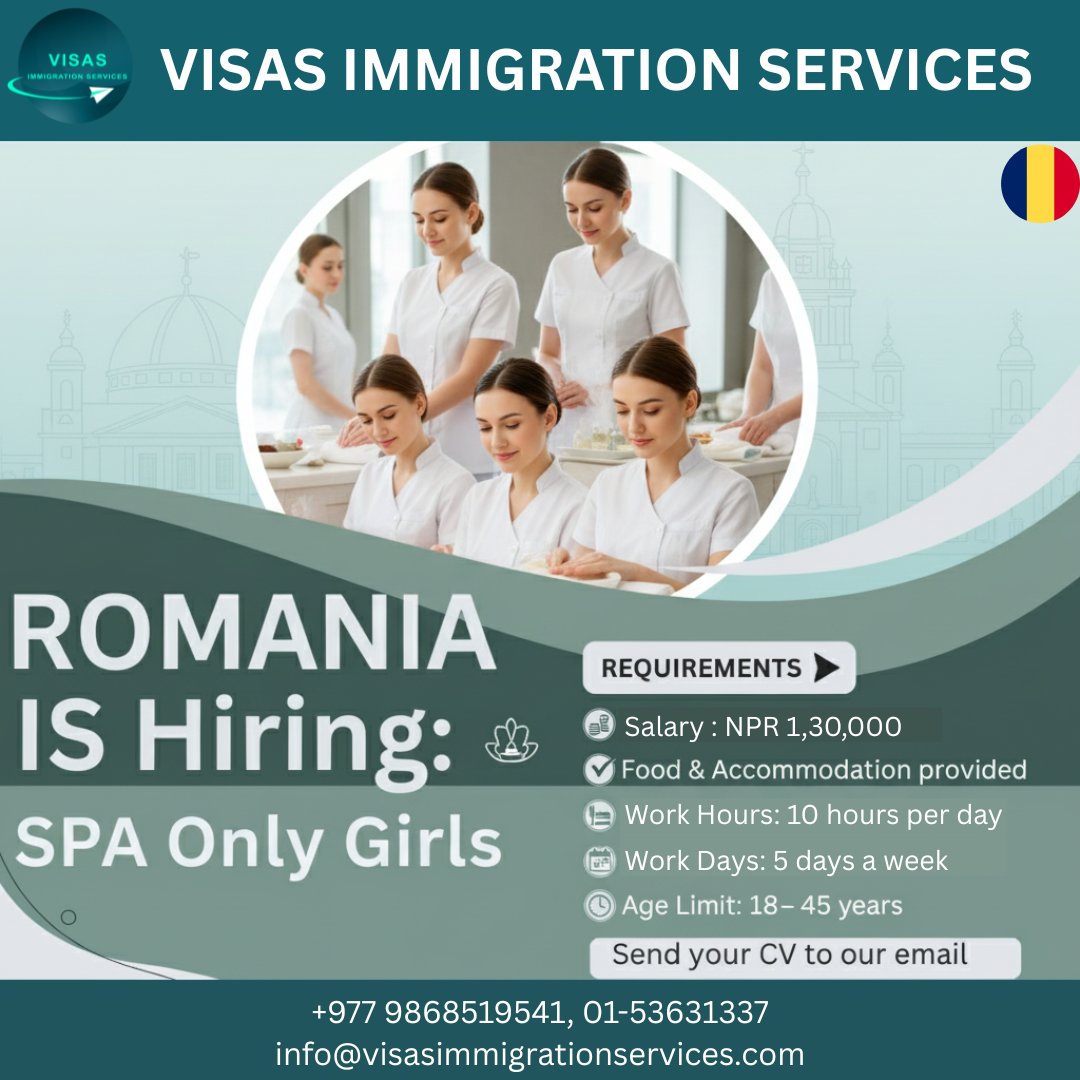 ServicesVisas's tweet image. Romania is hiring Spa Therapists! 🇷🇴✨
Good salary • Free accommodation • Safe workplace
Build your beauty &amp;amp; wellness career in Europe Apply now!

#SpaTherapist #SpaJobs #SpaHiring #BeautyJobs #WellnessJobs #MassageTherapist #SpaCareer #RomaniaJobs #EuropeJobs #RomaniaHiring