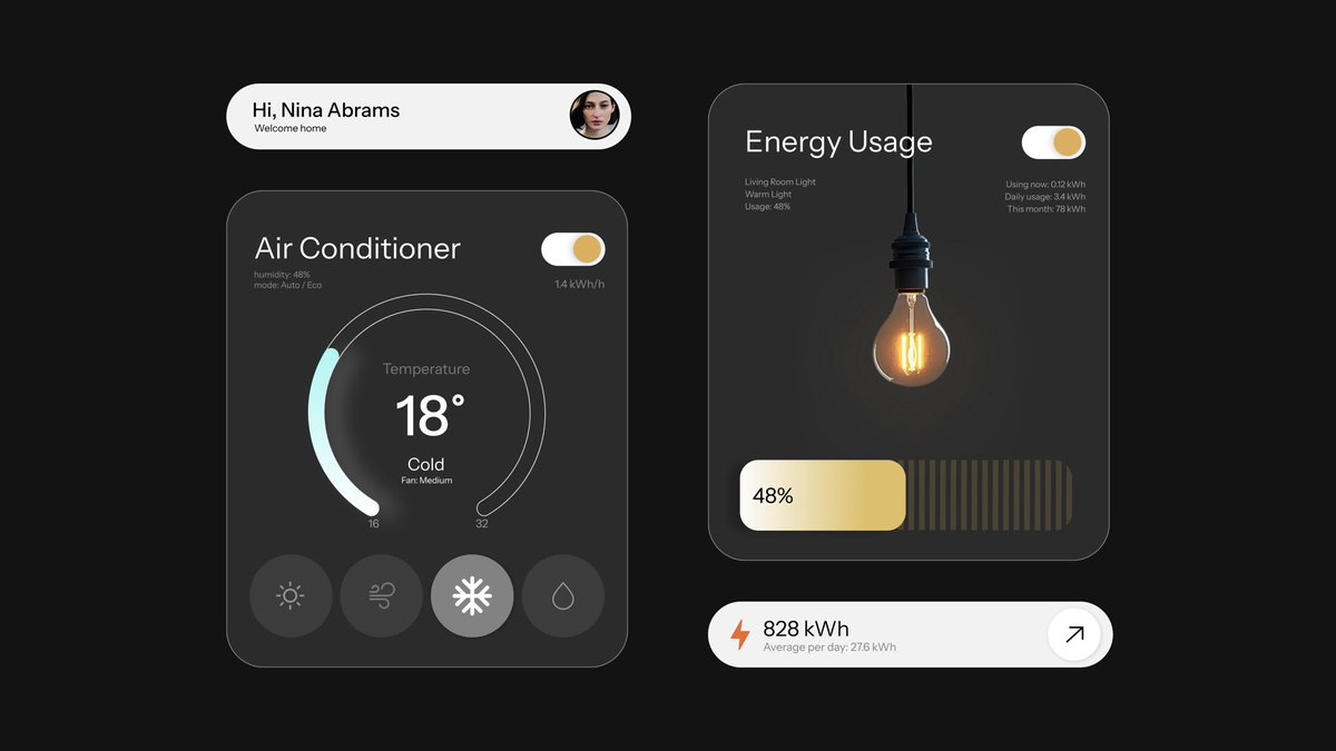 kkondratevaaa's tweet image. Smart home dashboard UI. Exploring a sleek smart-home interface concept that unifies energy usage tracking and air-conditioner control.
#uidesign #webdesign #dashboard #uidsshboard #UIUXDesign #smarthome
