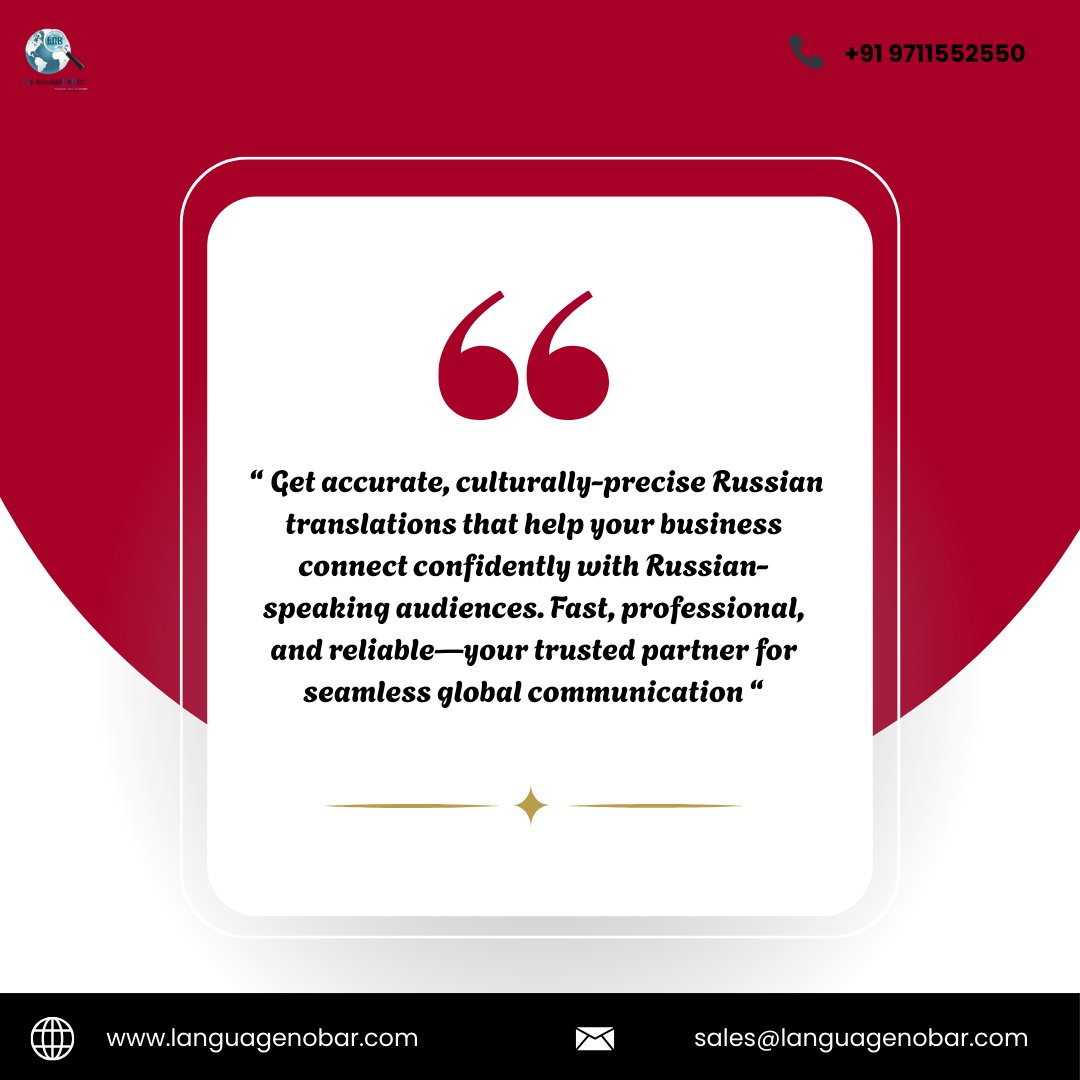 LanguageNoBar's tweet image. Accurate, reliable, and culturally-precise Russian translations—helping your business communicate confidently across borders.
#RussianTranslationServices #TranslationExperts #LanguageServices #ProfessionalTranslation #GlobalCommunication #BusinessTranslation #LanguageNoBar