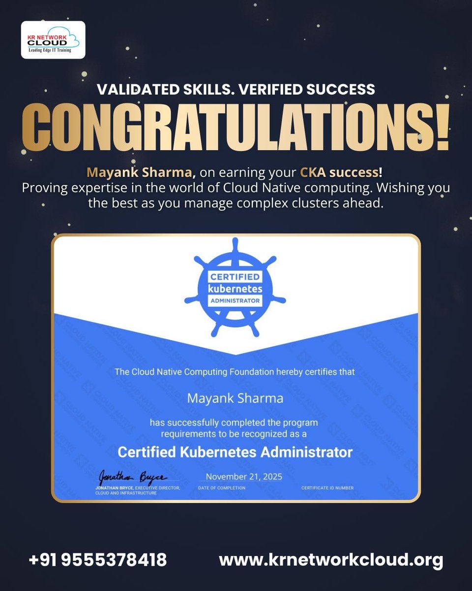 KRNetworkCloud1's tweet image. Congrats to Mayank on passing the CKA certification. This confirms his ability to install, configure, and validate Kubernetes clusters.

👉 Ready to get certified like Mayank? DM us.

#CKAExam #Kubernetes #DevOpsEngineer #CloudComputing #Infrastructure #TechWins #Upskilling