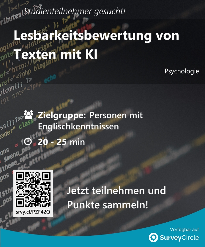 top_studies's tweet image. Teilnehmer gesucht für top-platzierte Online-Studie:

&quot;Lesbarkeitsbewertung von Texten mit KI&quot; surveycircle.com/PZF42Q/ via @SurveyCircle #tudresden_de

#automatisierung #vertrauen