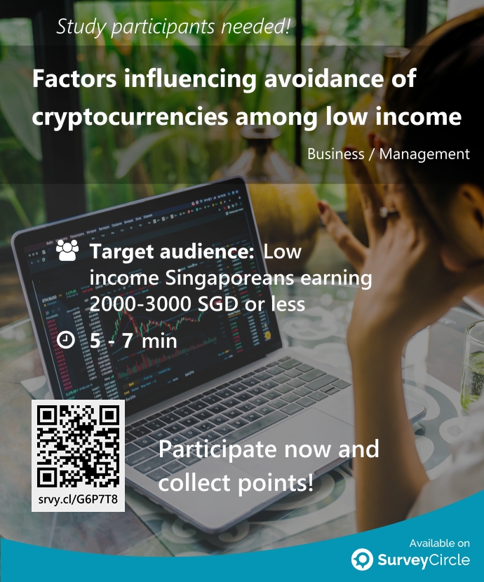 top_studies's tweet image. Participants needed for top-ranked study on SurveyCircle:

&quot;Factors influencing avoidance of cryptocurrencies among low income&quot; surveycircle.com/G6P7T8/ via @SurveyCircle

#avoidance #RiskPerception #FinancialLiteracy #SocialEconomicFactors #survey #surveycircle