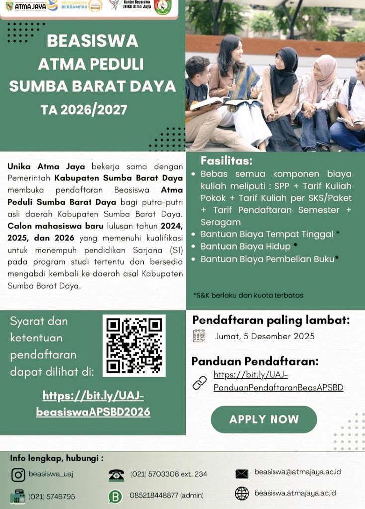 Beasiswa kuliah di <a href="/UnikaAtmaJaya/">Unika Atma Jaya</a> khusus untuk teman-teman di Sumba Barat Daya. Link persyaratan dan panduan mendaftar tertera di poster.