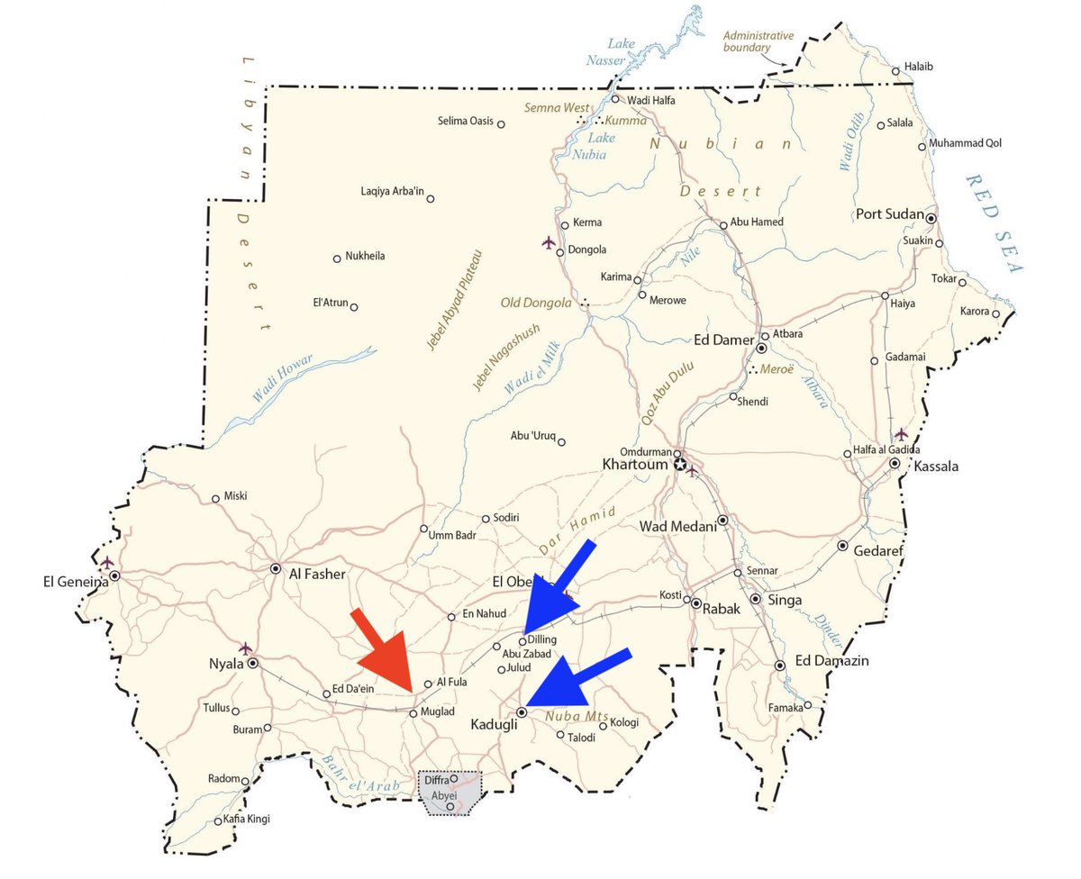 BSonblast's tweet image. Today&apos;s quick update [Nov 21]:

- RSF shelling on SAF 22nd infantry base in Babanusa, West Kordofan (red).

- Sudan Doctors Network: 23 children in Kadugli and Dilling, South Kordofan (blue), dead in the past month due to malnutrition.

#KeepEyesOnSudan
