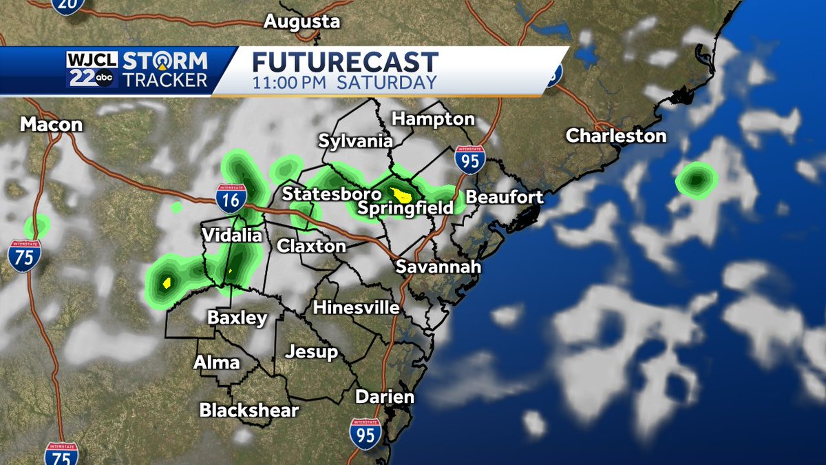 A few showers may push through the area late Saturday into Saturday night. Most of the showers exit around midnight. #Savannah