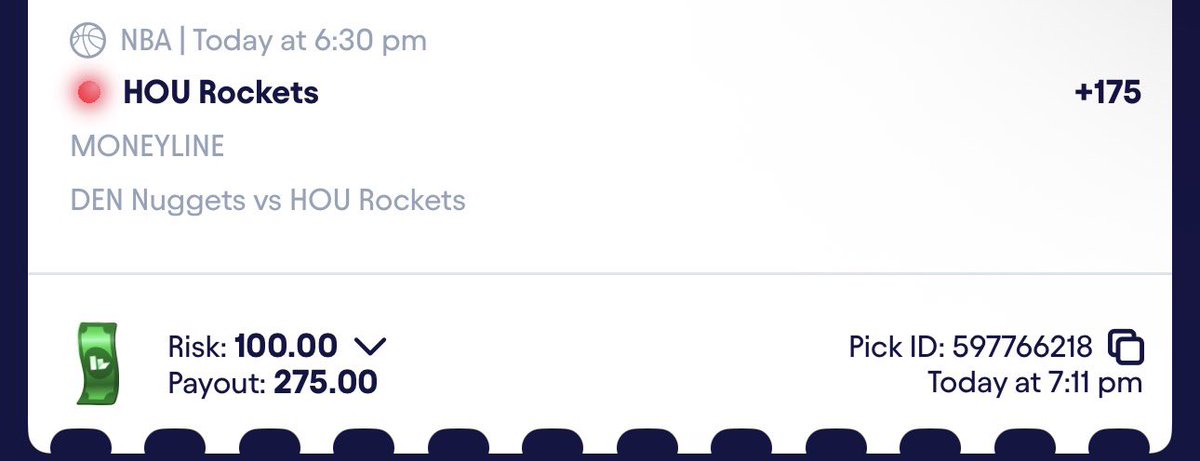 PicksToGreens's tweet photo. ROCKETS MONEYLINE (+125 or better) 👀

Lock it in and let’s sweat it out 😮‍💨

#prizepicks #potd #locks #underdog #fliff #nba #rockets #nuggets https://t.co/YRGVD3JBEq