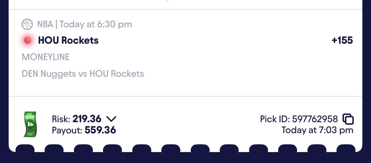 PicksToGreens's tweet photo. ROCKETS MONEYLINE (+125 or better) 👀

Lock it in and let’s sweat it out 😮‍💨

#prizepicks #potd #locks #underdog #fliff #nba #rockets #nuggets https://t.co/YRGVD3JBEq