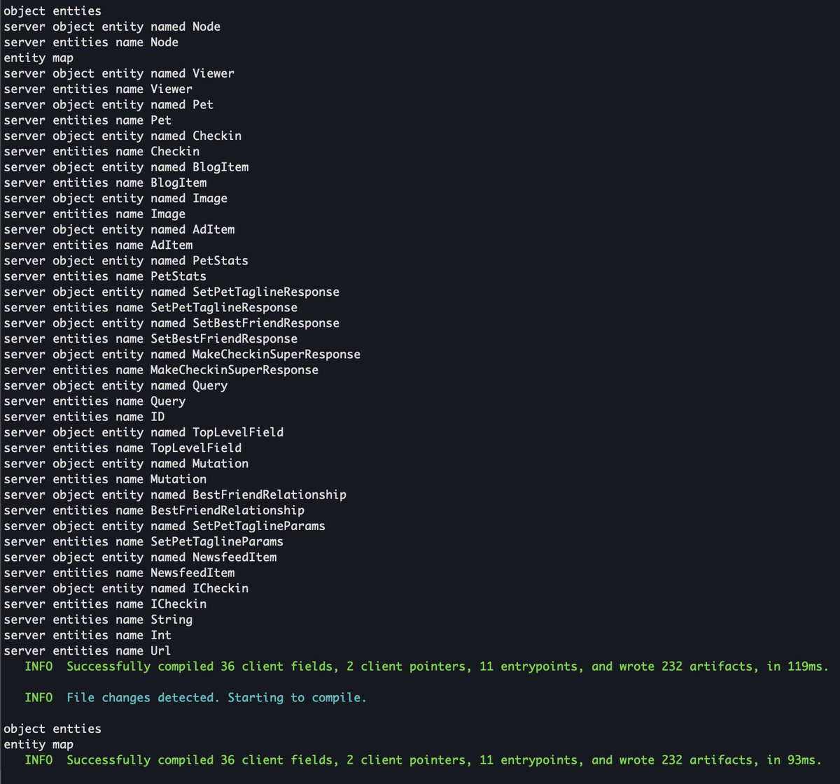 Just shipped a nice perf improvement: entities (i.e. types like "User" and "Query") no longer carry location information. So changes to unrelated entities mean that we can reuse functions more aggressively! Compare the before- and after-. In between, I modify the schema.graphql