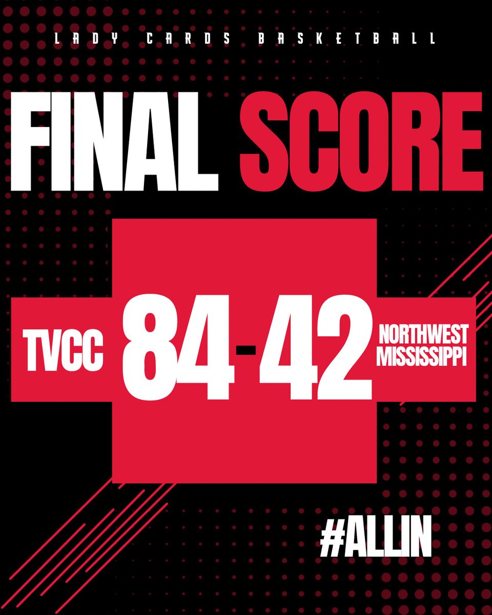 TVCCwbball's tweet image. LADY CARDS WIN‼️
Final Score:
Lady Cards - 8️⃣4️⃣
Northwest Mississippi - 4️⃣2️⃣
#ALLIN #CODERED