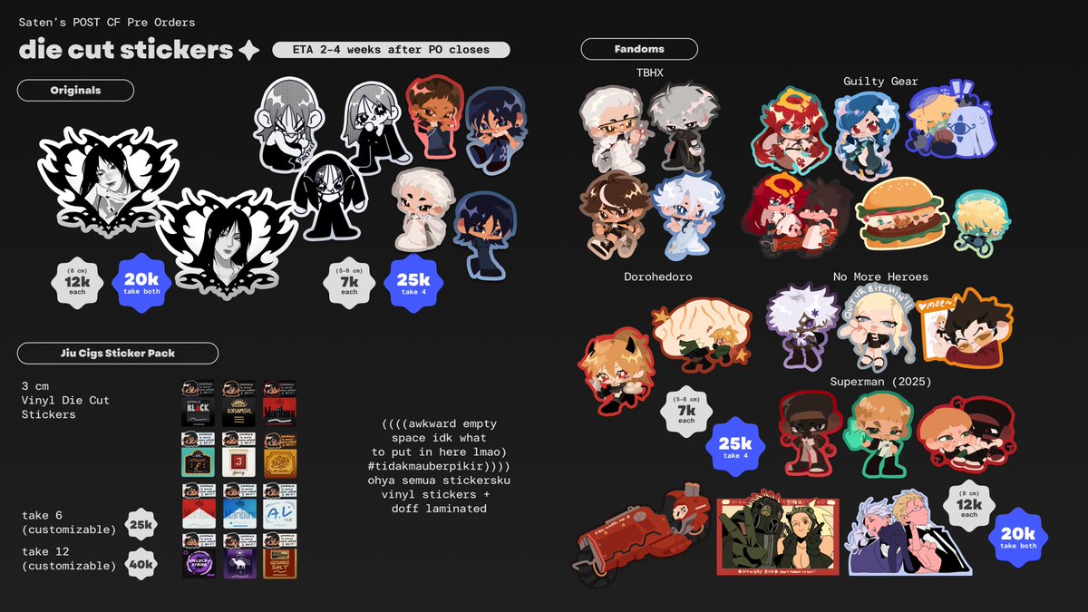 satentori's tweet image. ☆*:.｡Saten’s Post CF21 Pre Orders｡.:*☆ 

📅 PO period 22-25 Nov 2025
📤 JNE/🍊
🍀 originals, to be hero x / tbhx, no more heroes / suda51, guilty gear, dorohedoro, superman 2025 
🔗 bit.ly/satenpostcf21