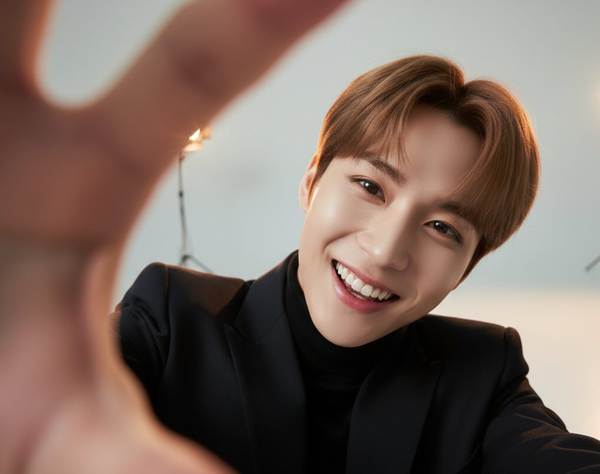 Aether_lab_'s tweet image. [Aether ビジュアル戦略ラボ：予告] 週末の昼の癒やしは、ムードメーカーKAIの笑顔で😌  
🚨 今夜、この柔らかな表情の裏側公開。 KAIの「漆黒×スプリットライティング」シリーズ！KAIのクールで静かな情熱を、夜、体験してください〜！
 #Aether #KAI #漆黒シリーズ #AIアイドルのギャップ #推し活