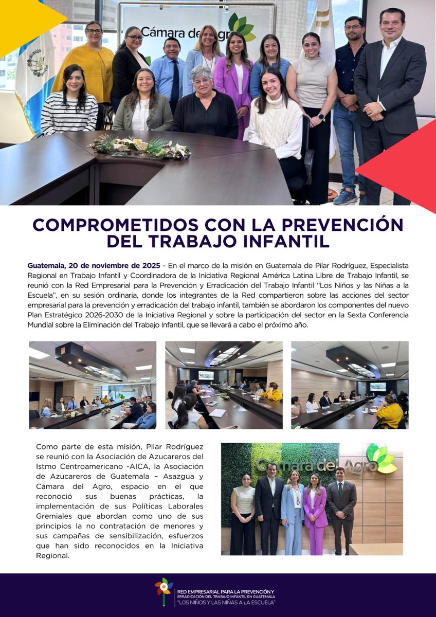 Durante su misión en 🇬🇹, Pilar Rodríguez, coordinadora de @SinTrabinantil, dialogó con <a href="/ninosalaescuela/">NoAl-TrabajoInfantil</a> y gremios del agro para fortalecer la cooperación en la prevención del trabajo infantil y reconociendo buenas prácticas del sector empresarial.
#SinTrabajoInfantil👦🏻👧🏻📚✏️
