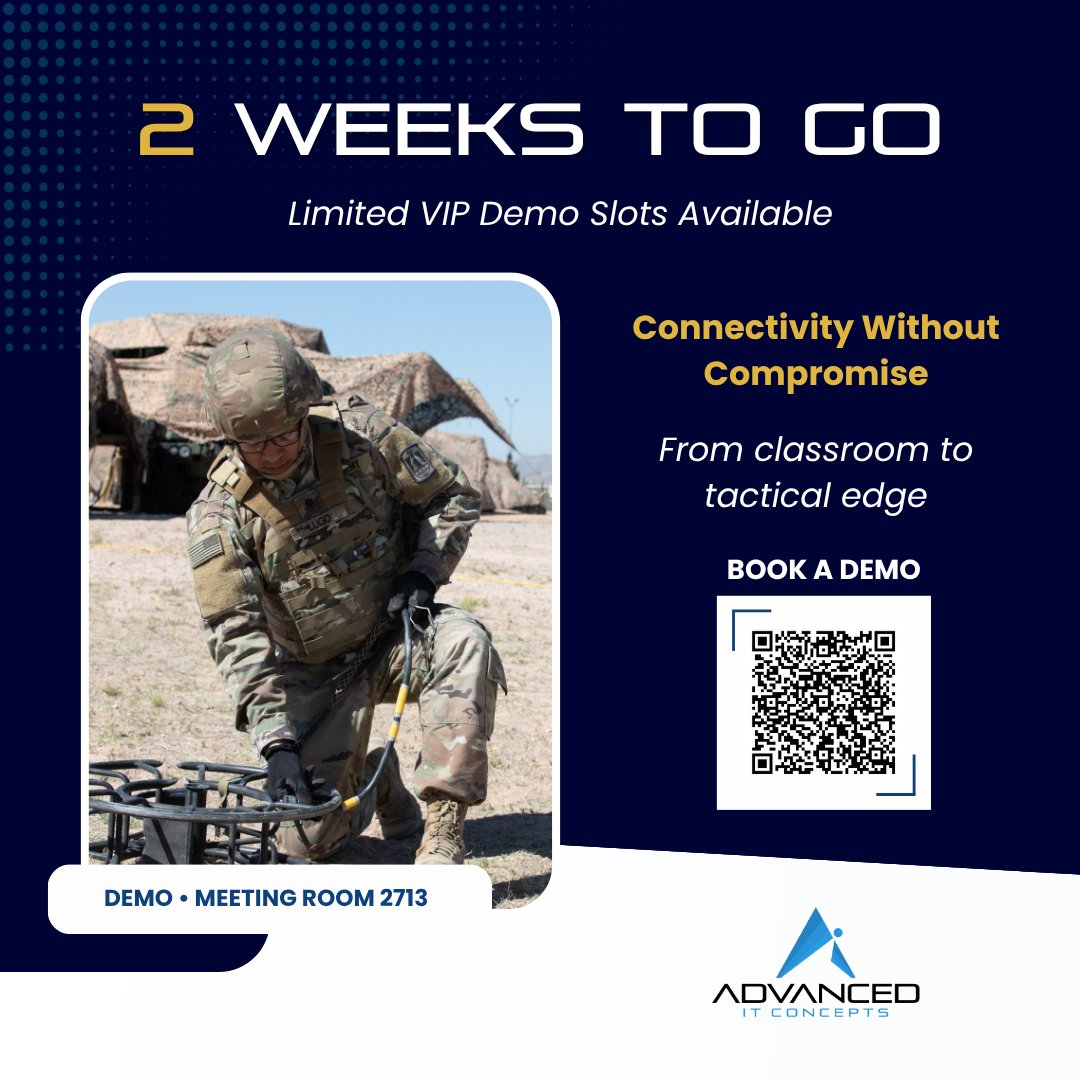 AITCinnovate's tweet image. 2 weeks to go. Limited VIP mtg. slots.

See Connectivity Without Compromise in action, built for the classroom, proven @ the tactical edge. Resilient, secure &amp;amp; mission-ready networking.

Meeting Room 2713
Book a demo: scan the QR code

#IITSEC2025 #AdvancedIT @iitsec