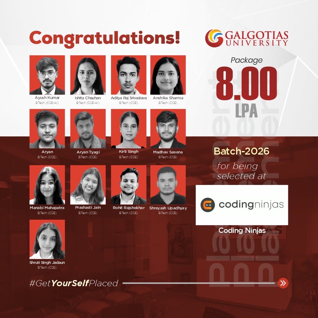 GalgotiasGU's tweet image. Proud to share and celebrate the remarkable success of our Batch 2026 students from the B.Tech CSE and CSE-AI streams who have been selected at Coding Ninjas with an impressive package of 8.00 LPA.

#GetYourselfPlaced #galgotiasuniversitycampus #codingninjas…