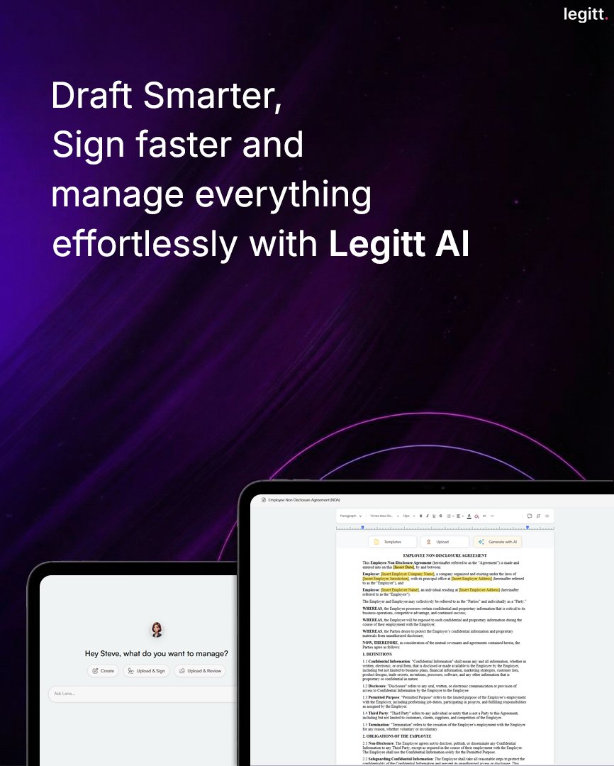 Legitthq's tweet image. Draft smarter. Sign faster. Manage effortlessly.

Legitt AI streamlines your entire document workflow in one place.

#LegittAI #eSign #Productivity