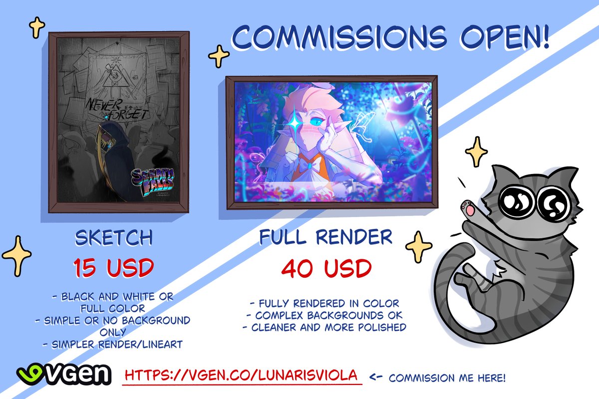 C0mmissions open! ✨

I changed some of the prices and I’m primarily using vgen now so I wanted to do another promo about it. This money is gonna be going towards my college tuition funds (college is expensive TvT)

L1nk in replies!
#VGenComms #Commission
