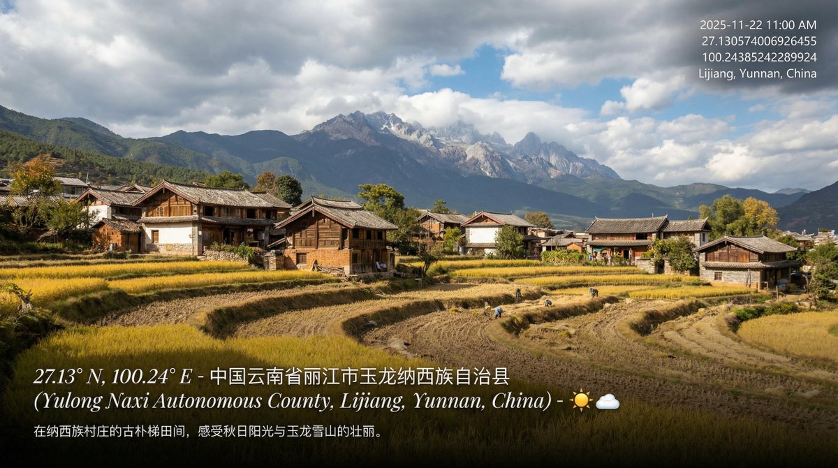 Nano Banana Pro 太頂了,我去,即時資訊檢索還能這麼用!
給他一段經緯度,讓他直接生成現在這個地方場景的圖片,結合了當前的天氣以及當地的時間
我看了一下,除了山西這個我選的是五台山,它漂移到了忻州以外,其他部分信息都是對的