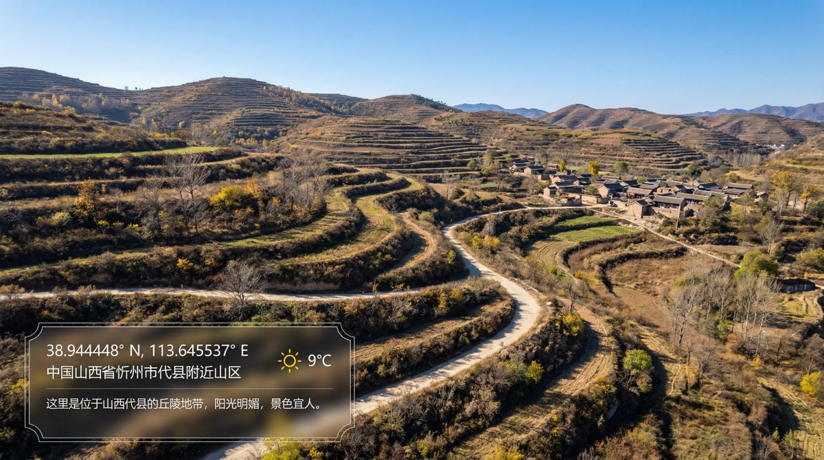 Nano Banana Pro 太頂了,我去,即時資訊檢索還能這麼用!
給他一段經緯度,讓他直接生成現在這個地方場景的圖片,結合了當前的天氣以及當地的時間
我看了一下,除了山西這個我選的是五台山,它漂移到了忻州以外,其他部分信息都是對的