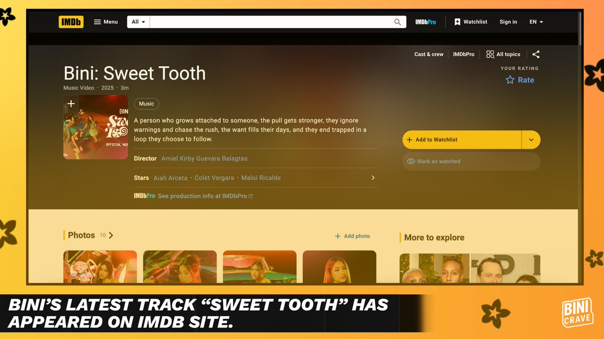 binicrave's tweet image. LOOK: BINI's latest track "Sweet Tooth" from the FLAMES album has appeared on IMDb website.

IMDb (Internet Movie Database) is the go-to site for info on movies, TV shows, and celebrities — from cast and crew to ratings and trivia. Now, BINI’s hit track joins the global…