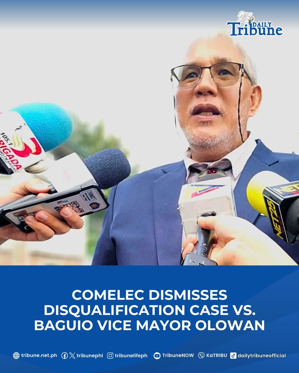 tribunephl's tweet image. Baguio City Vice Mayor Faustino Olowan said truth has prevailed after the Commission on Elections (Comelec) First Division officially dismissed the disqualification case filed against him by a former councilor.

Read more at: tribune.net.ph/2025/11/22/com…

#comelec #baguio…