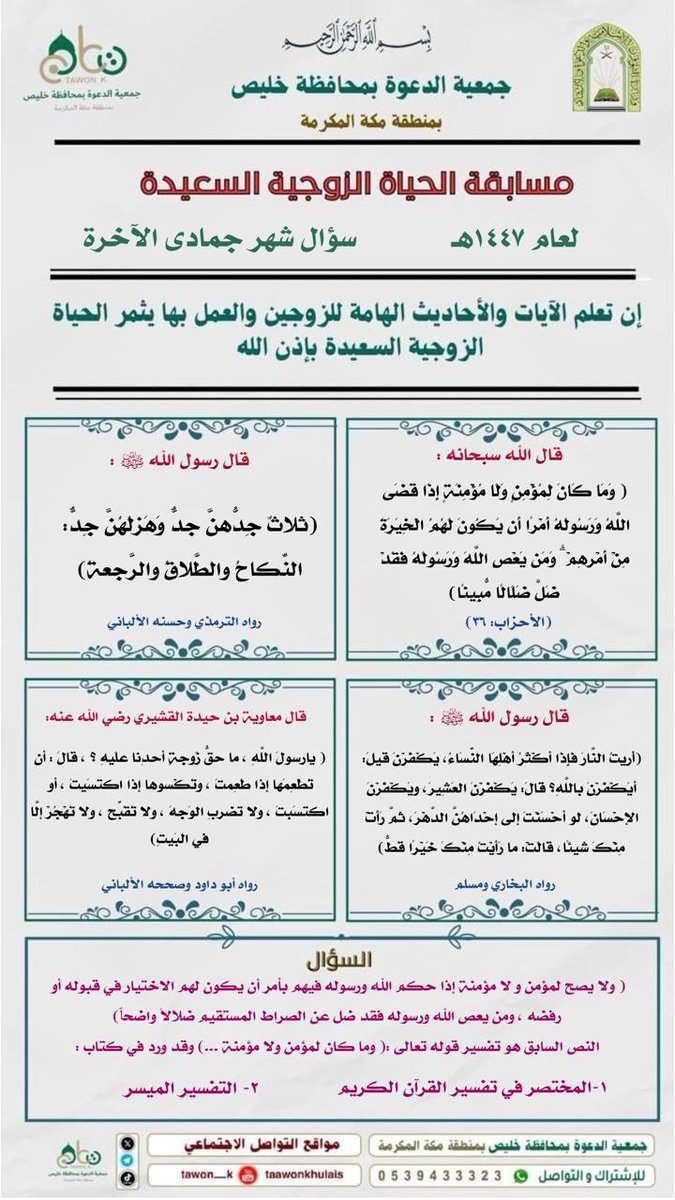 سؤال شهر جمادى الآخرة . 
و ندعوكم لمتابعة تفسير الآية وشروح الأحاديث،  وغيرها من الإصدارات التي ستنشر في هذا الشهر إن شاء الله.