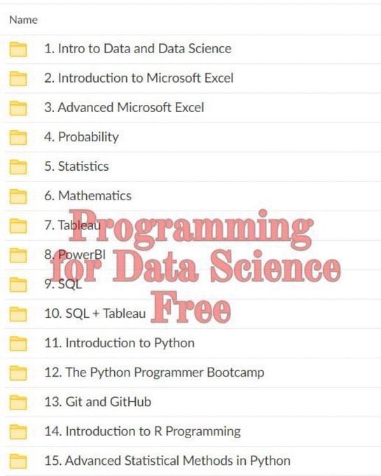 _evon3929's tweet image. Access 15 FREE Courses

🔥 Microsoft Excel
🔥 Advanced Excel
🔥 Probability
🔥 Statistics
🔥 Mathematics
🔥 Tableau
🔥 PowerBI
🔥 SQL
🔥 SQL + Tableau
🔥 Python
🔥 Python Programmer Bootcamp
🔥 Git and GitHub

Just do - Follow ( So I can DM you )
Like &amp;amp; Retweet
Comment &quot; Need &quot;