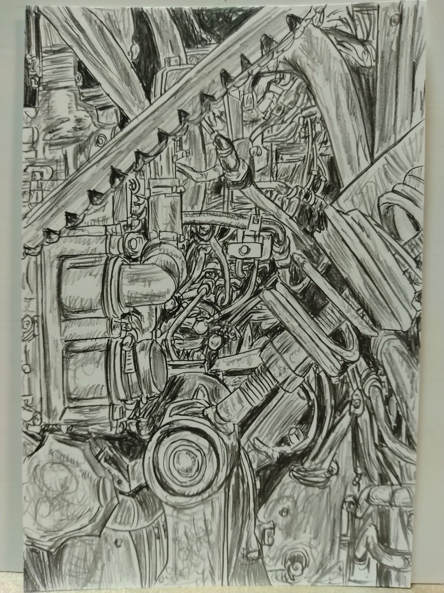 こんにちは、ハガキサイズ鉛筆画再投稿(エンジン)です😲 この後も