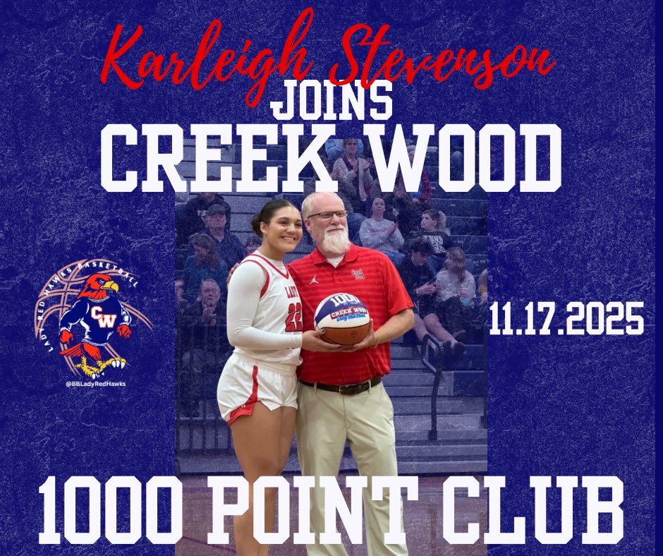 Big CONGRATULATIONS to our girl, <a href="/KarleighSteven3/">Karleigh Stevenson</a> for joining the Creek Wood Lady Red Hawks’ 1000 Point Club!

<a href="/creekwoodhs/">Creek Wood HS</a> <a href="/DicksonSports/">Dickson Sports Media</a> <a href="/DicksonPost/">Dickson Post</a> <a href="/MainStreetPreps/">Main Street Preps</a> <a href="/dicksontimes/">Dickson County Times</a> <a href="/DicksonCountyTV/">DCTV Network</a> <a href="/1015TheRide/">WDKN</a>
