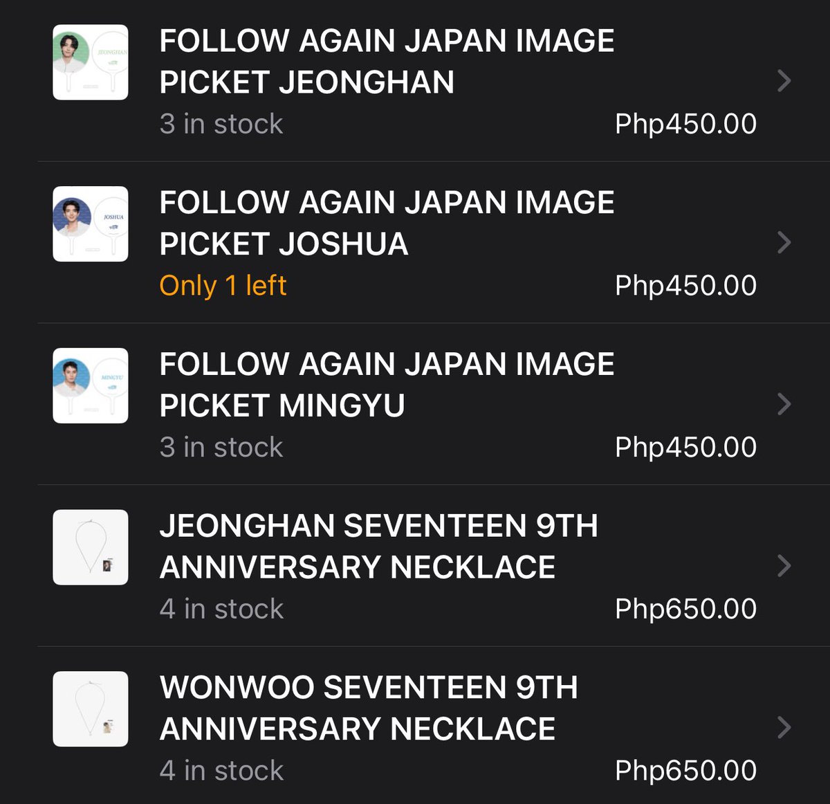 available:
24 carat land image picket - seungkwan vernon

follow again japan:
hood towel - jun, seungkwan
picket - dk, hoshi, jeonghan, joshua, mingyu

9th anniversary necklace - jeonghan, wonwoo

order thru the link ☺️

wts lfb ph go feta seventeen black friday sale weverse