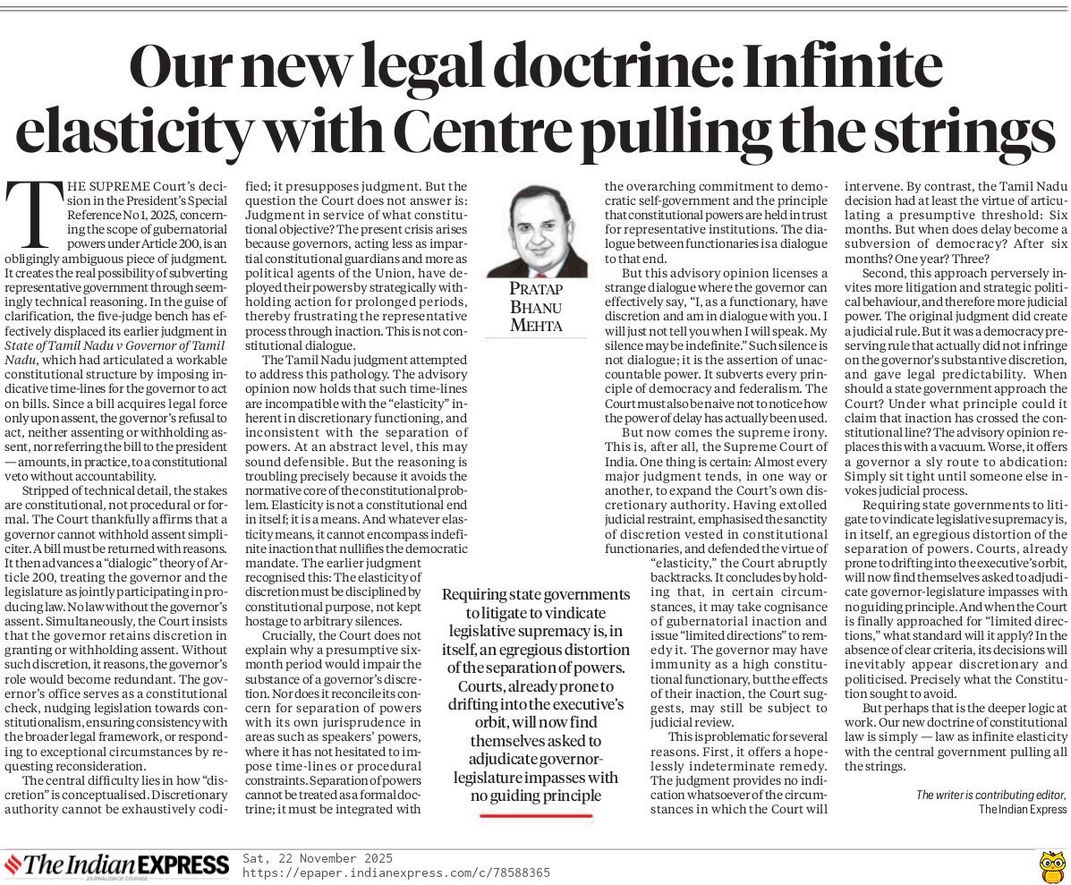 pbhushan1's tweet image. Must read piece by @pbmehta 
By overruling its own salutary Judgement limiting the governor’s discretion on withholding assent to bills passed by State Assembly, the SC has dealt a body blow to our Federal Constitution. It has laid down a new doctrine of Constitutional law: law…