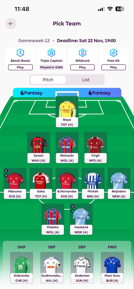 aszlanzain's tweet image. GW12 🔒 

©️mbeumo

I’ve used all 4 free transfers.
Delayed my WC.

Gabriel➡️vvd
Sesko➡️mateta
Kudus➡️minteh
Pedro➡️senesi

#fpl #FPLCommunity #fpltips