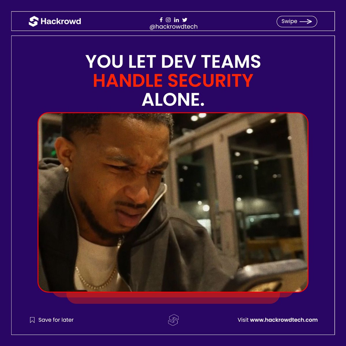 hackrowdtech's tweet image. The look you give when the whole company depends on developers for cyber security… but attackers are performing pen testing on your systems daily.

Your devs write code and we secure it. 

Send us a message, lets build solid unshakeable wall of defense for your organization.