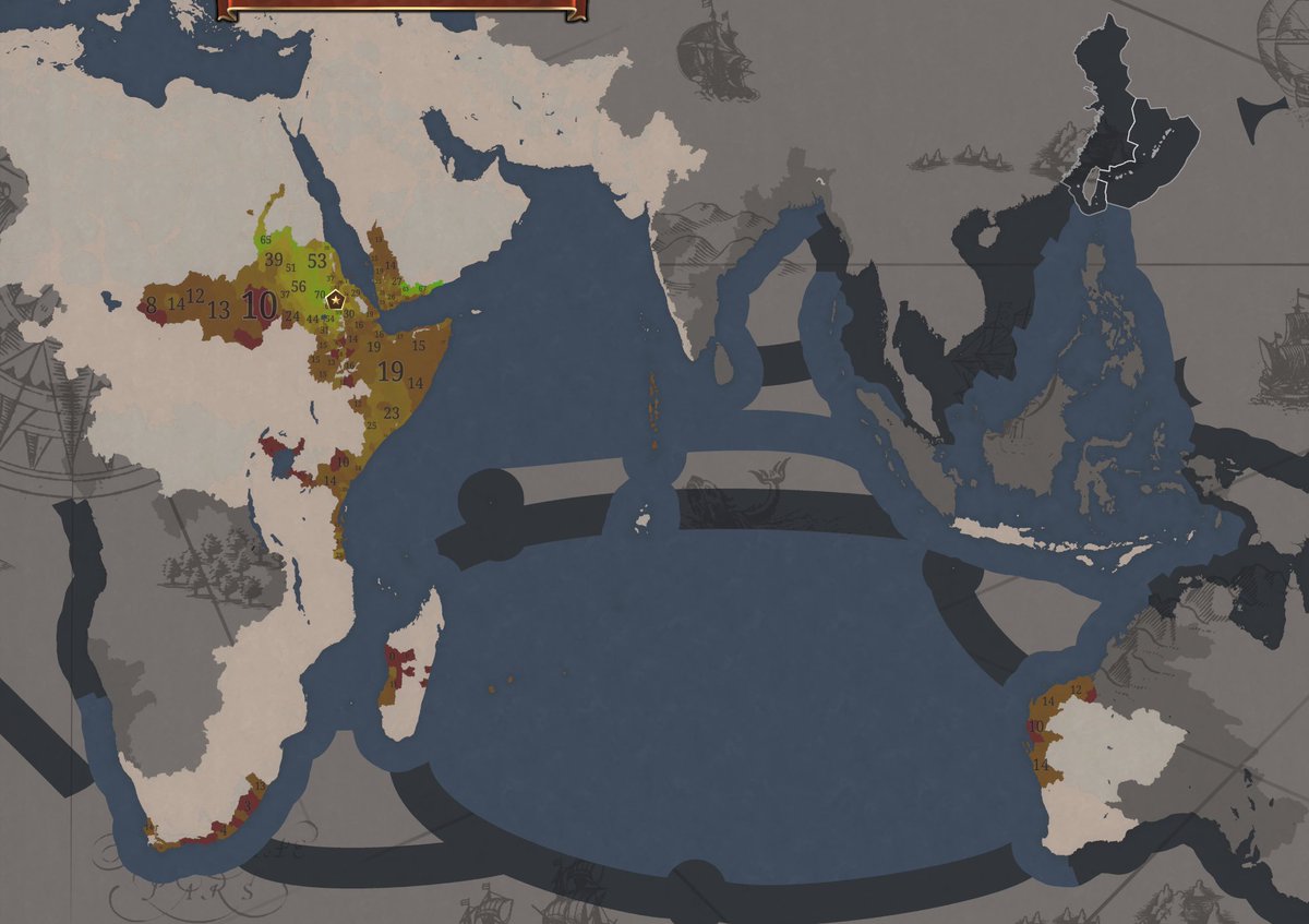 aurochtamer's tweet image. control is shockingly good compared to my first run and given the distance. still havent figured out maritime presence i get my fleets to patrol seas but it doesnt seem to do anything. probably harbor capacity.