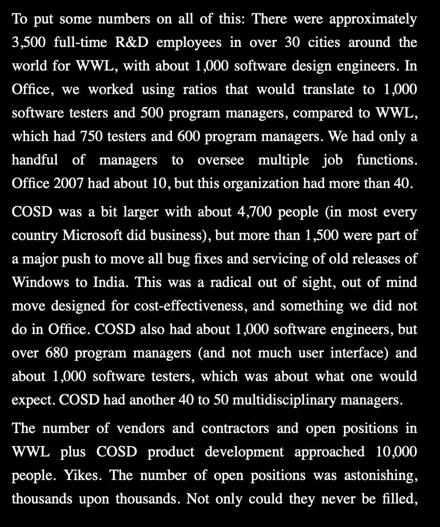 정말 환상적이네요.🇺🇸

 제가 Windows 팀에 합류했을 때 발견한 것과 비슷하게 "간소화"해야 했습니다.

 "084. 팀 구성원은 정확히 몇 명인가요?"에서 발췌. 어떤 조직이 무엇을 하고 있는지 알고 싶