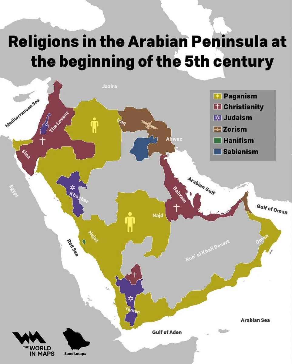 theepicmap's tweet image. Religions in the Arabian Peninsula at the Beginning of the 5th Century