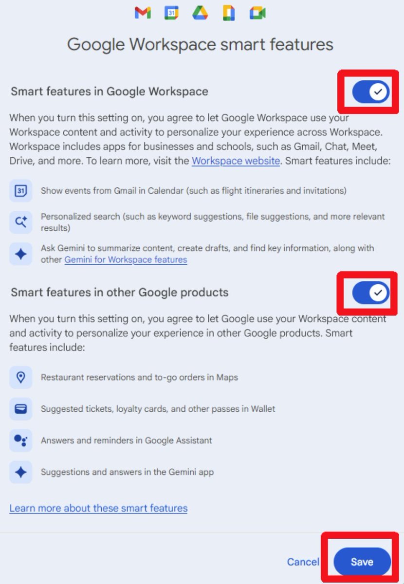 AndreGA_Pe's tweet image. Mensagem IMPORTANTE para todos os usuários do Gmail.
Você foi AUTOMATIZADO para permitir que o Gmail acesse todas as suas mensagens privadas e anexos para treinar modelos de IA.
Você precisa desativar manualmente os Recursos Inteligentes no menu Configurações, em DOIS locais…