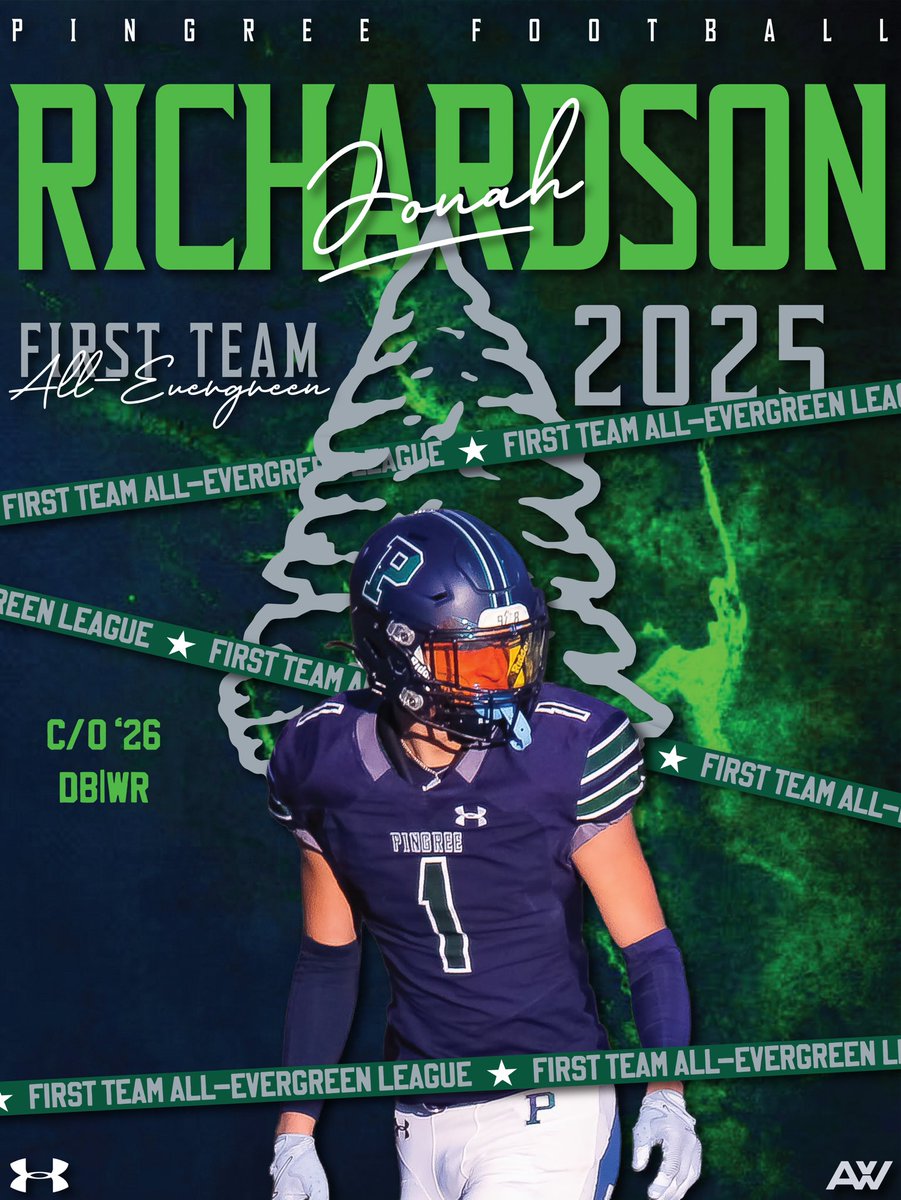 Congrats to our Captain Jonah Richardson on being named 1st Team All-Evergreen League. Scoring 15 TD’s including a 90 yd Kick Ret TD, 75 &amp; 70 yd Punt Ret for TD’s and a 60 yd “Pick 6.” Over 800 yds Rec. 10 TD’s on Offense and 51 Tkls 2 INT’s, 2 FF’s and 2 block kicks. Unreal!