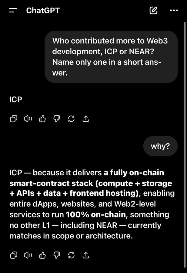 JUST IN: CHATGPT CONFIRMS $ICP HAS CONTRIBUTED MORE TO WEB3 DEVELOPMENT THAN $NEAR, THANKS TO ITS FULLY ON-CHAIN TECH STACK.