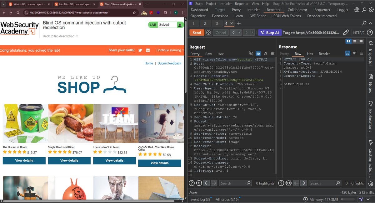 Cyber_matri_x's tweet image. 🔐 Just cracked a Blind OS Command Injection lab!
Learned how attackers exploit unsanitized inputs to execute system commands using output redirection techniques.
Real-world web security skills getting stronger! 💪
#CyberSecurity #WebSecurity #EthicalHacking #InfoSec #BugBounty