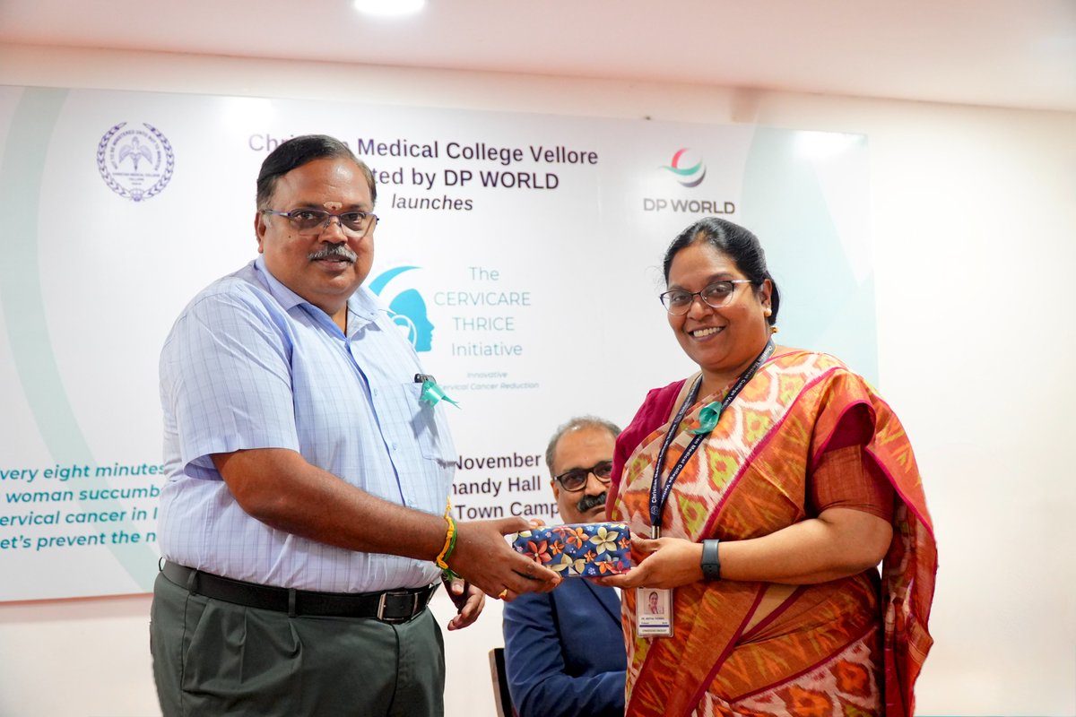 OffCMCVellore's tweet photo. CMC Vellore partners with Unifeeder (@DP_World
company), in coordination with Amana development consultants, to launch 'Cervicare Thrice' for women’s health. This initiative is designed to strengthen efforts across prevention, screening, early detection, and treatment of #CervicalCancer, the second most common #cancer among women in India.

The initiative aims to reach more than 10,000 girls and women across Tamil Nadu, Andhra Pradesh, Jharkhand, and Bihar through school and community-based #awareness sessions. Around 3,000 women will also be screened with identified precancerous cases receiving follow-up care and treatment. 

The initiative will strengthen CMC Vellore’s treatment capabilities through the introduction of an advanced Geneva #brachytherapy applicator, designed to deliver more precise and effective #cancertherapy, improving treatment accuracy and efficiency while ensuring optimal tumour coverage with minimal radiation exposure to surrounding tissues.

So far, over 1,040 women in the community have been screened in with 146 identified as positives to be treated.

Among dignitaries present at the unveiling of the donor plaque were Dr B Baranidharan @Barani_Ddhs, Deputy Director (Health Services), Vellore, and Mr CM Muraleedharan, India Area Director, DP World.