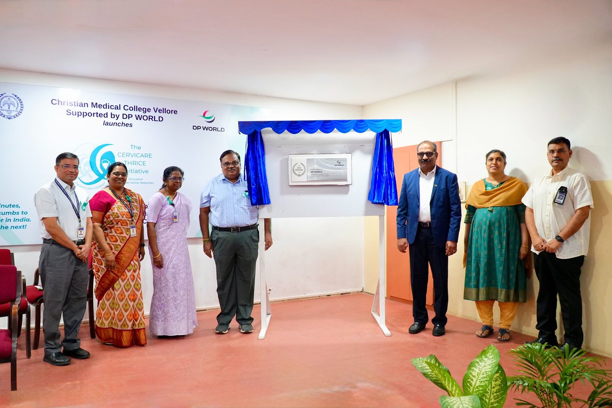 OffCMCVellore's tweet photo. CMC Vellore partners with Unifeeder (@DP_World
company), in coordination with Amana development consultants, to launch 'Cervicare Thrice' for women’s health. This initiative is designed to strengthen efforts across prevention, screening, early detection, and treatment of #CervicalCancer, the second most common #cancer among women in India.

The initiative aims to reach more than 10,000 girls and women across Tamil Nadu, Andhra Pradesh, Jharkhand, and Bihar through school and community-based #awareness sessions. Around 3,000 women will also be screened with identified precancerous cases receiving follow-up care and treatment. 

The initiative will strengthen CMC Vellore’s treatment capabilities through the introduction of an advanced Geneva #brachytherapy applicator, designed to deliver more precise and effective #cancertherapy, improving treatment accuracy and efficiency while ensuring optimal tumour coverage with minimal radiation exposure to surrounding tissues.

So far, over 1,040 women in the community have been screened in with 146 identified as positives to be treated.

Among dignitaries present at the unveiling of the donor plaque were Dr B Baranidharan @Barani_Ddhs, Deputy Director (Health Services), Vellore, and Mr CM Muraleedharan, India Area Director, DP World.