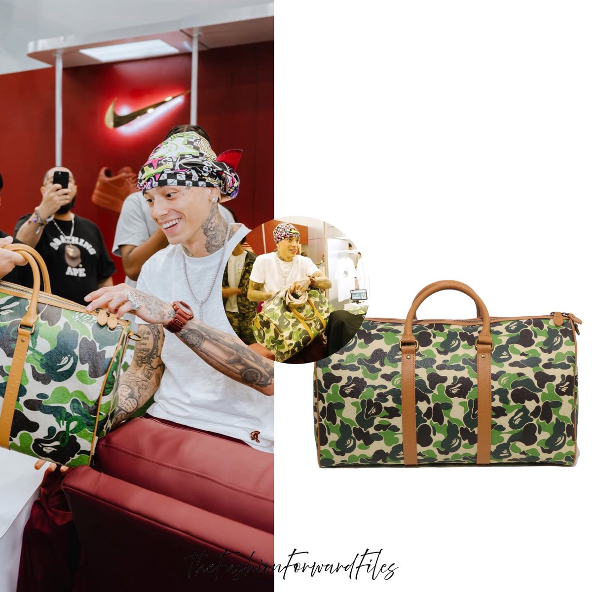 Central Cee has a Bape ABC camo ostrich Boston bag. #complex