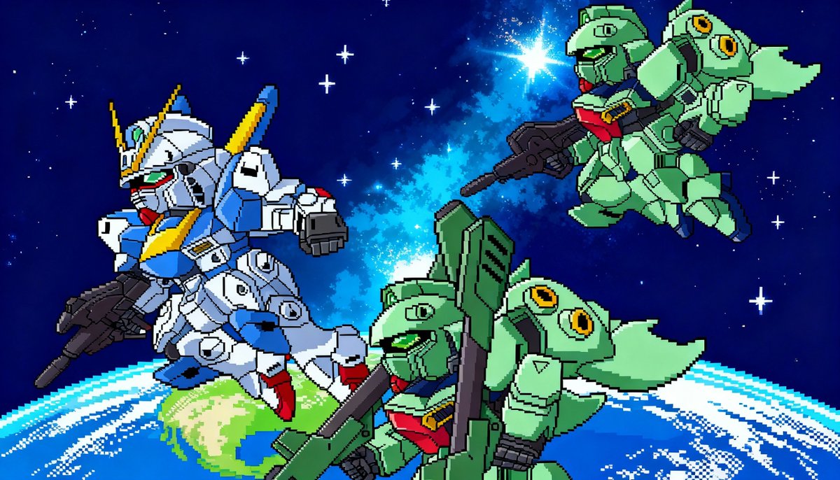 ドット画
レトロゲームぽくっていい！

#Vガンダム #ファミコン #ドット絵 #ピクセルアート