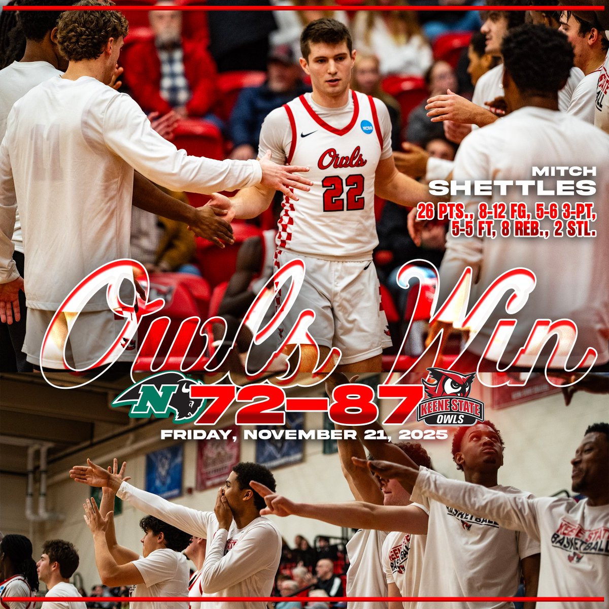 KeeneStateOwls's tweet image. W for @KSCBasketball!  @mitchshettles was 🔥🔥🔥 and @DenisWainaina5 had a double-double (12 pts., 14 reb., 4 blk.).  @Jordancooper04 was 14-for-17 at the line and added six rebounds, four assists, and four steals! #d3hoops